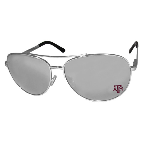 Texas A&M aviator sunglasses featuring a silver metal frame, mirrored lenses, and a Texas A&M logo printed on the lower corner of one lens. Classic eyewear for game days and outdoor activities.