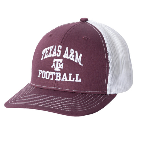 Texas A&M Football trucker hat featuring a maroon front with embroidered white "Texas A&M Football" lettering, a maroon curved bill, white mesh back, and adjustable snapback closure.