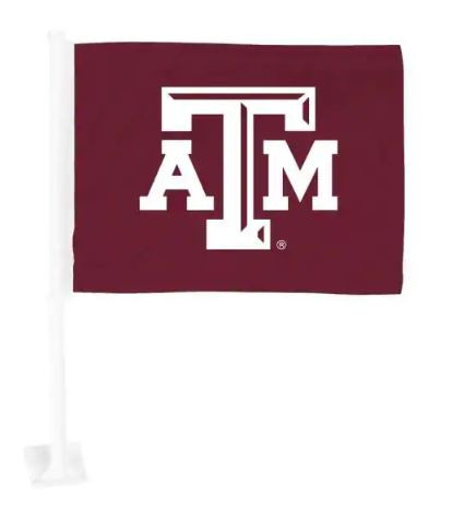 Texas A&M 11" x 14" maroon car flag featuring the iconic white Texas A&M logo with a white window-mounted pole. Vehicle flag for game days, tailgates, parades, and everyday driving.