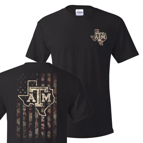 Black Texas A&M T-shirt featuring a small Texas state outline logo on the left chest and a large distressed camouflage American flag with the Texas A&M logo on the back. Short sleeve tee for game days and everyday wear.