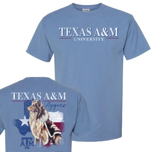 Light blue Texas A&M T-shirt featuring "Texas A&M University" on the front and a large back graphic of Reveille in front of a distressed American flag with the Texas A&M logo.