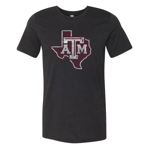 Dark gray/black heather Texas A&M t shirt with Texas state outline and ATM logo graphic on front