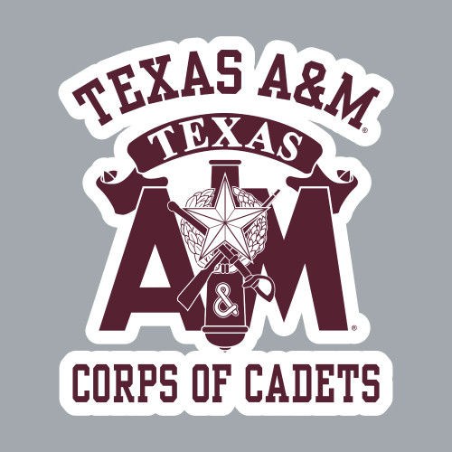 Texas A&M Corps of Cadets decal featuring the Texas A&M logo over the Corps of Cadets crest with bold "Texas A&M" and "Corps of Cadets" lettering. Vinyl sticker for vehicles, laptops, and other smooth surfaces.