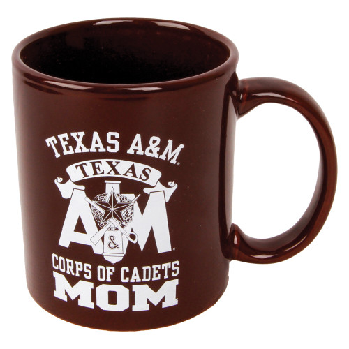 Maroon Texas A&M Corps of Cadets Mom ceramic mug featuring the Corps of Cadets crest, Texas A&M logo, and bold "Corps of Cadets Mom" lettering. Coffee mug for everyday use and Aggie pride.