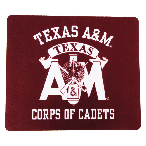 Maroon Texas A&M Corps of Cadets mouse pad featuring the Corps of Cadets crest, Texas A&M logo, and bold white "Corps of Cadets" lettering. Desk accessory for home, office, and dorm use.