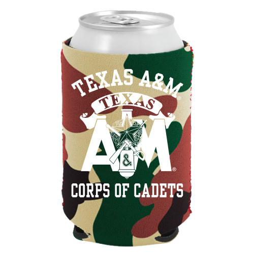 Texas A&M Corps of Cadets camouflage can cooler featuring the Corps of Cadets crest, Texas A&M logo, and bold "Corps of Cadets" lettering. Insulated drink sleeve for canned beverages at tailgates and outdoor events.