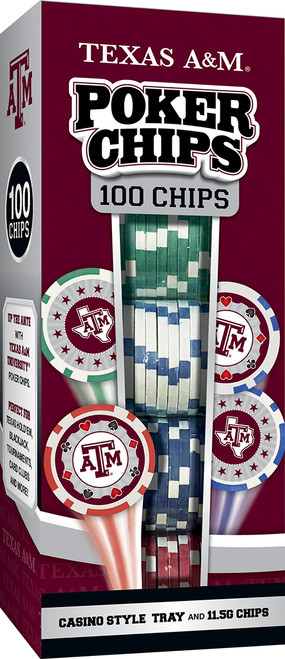 Texas A&M 100 poker chip set featuring 100 multicolored poker chips with the Texas A&M logo and a convenient storage tray. Game night set for poker, card games, tailgates, and fan collections.