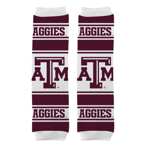 Texas A&M baby leg warmers featuring maroon and white stripes with repeating "Aggies" lettering and the iconic Texas A&M logo. Soft infant leg warmers for game days and everyday wear.