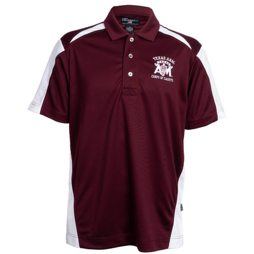 Maroon Texas A&M Corps of Cadets performance polo featuring embroidered Corps of Cadets crest on the left chest, gray and white contrast side panels, shoulder accents, and a three-button placket.