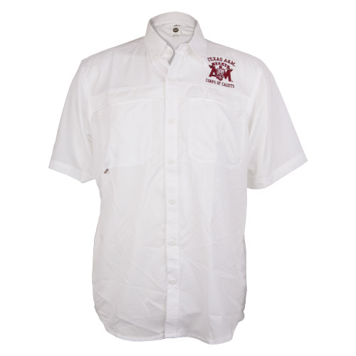White fishing shirt with a maroon Corps of Cadets logo embroidered on the left chest in maroon.