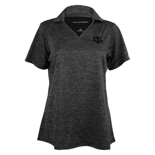 Charcoal heather Texas A&M women's performance polo featuring a subtle embroidered black Texas A&M logo on the left chest and an open V-neck collar. Lightweight polo for golf, work, and everyday wear.