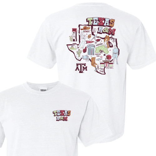 White Texas A&M T-shirt featuring a small Texas-shaped chest graphic and a large back graphic with a colorful Texas state collage of Aggieland landmarks, Reveille, Kyle Field, Blue Bell, wildflowers, boots, and Texas A&M icons.