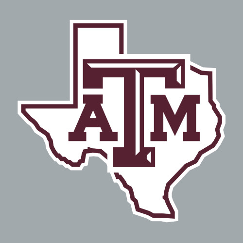 Texas A&M sticker featuring a white Texas state outline with the iconic maroon Texas A&M logo centered inside and a maroon border. Decorative sticker for laptops, water bottles, notebooks, and more.