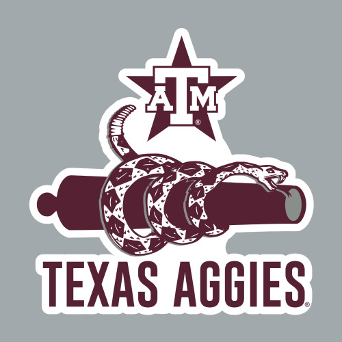 Texas A&M sticker featuring a maroon and white rattlesnake wrapped around a cannon with the iconic Texas A&M logo and "Texas Aggies" lettering. Decorative sticker for laptops, water bottles, notebooks, and more.
