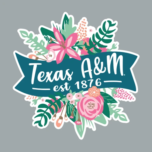Texas A&M sticker featuring a colorful floral design with tropical leaves, pink flowers, and a teal banner displaying "Texas A&M Est. 1876" lettering. Decorative sticker for laptops, water bottles, notebooks, and more.