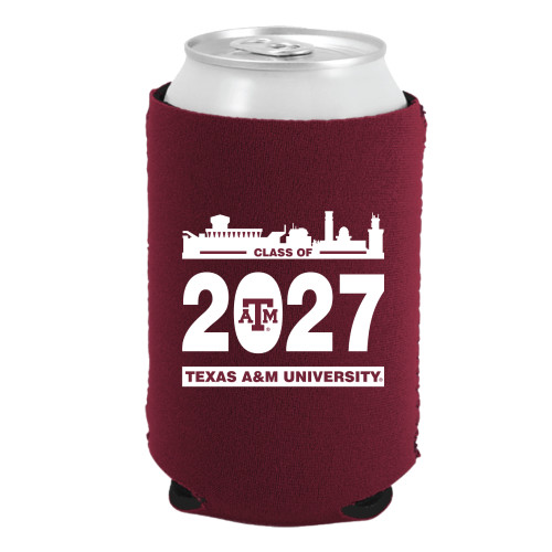 Maroon Texas A&M Class of 2027 can cooler featuring a white "2027" graphic, Texas A&M University lettering, and an Aggieland skyline design. Insulated drink sleeve for game days and everyday use.
