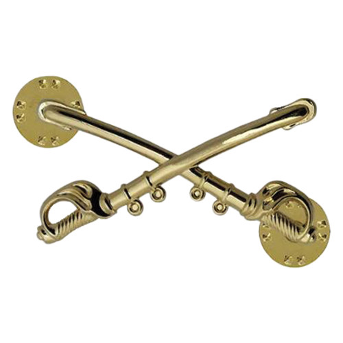 Texas A&M Corps of Cadets cavalry badge featuring a polished gold-tone crossed saber design with detailed accents. Traditional Corps accessory for cadet uniforms, displays, and memorabilia collections.