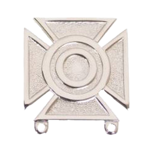 Texas A&M Corps of Cadets Sharpshooter Badge featuring a polished silver-tone design with detailed marksmanship-inspired elements. Traditional Corps uniform accessory and collectible piece.