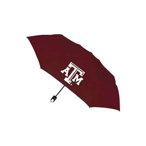 Maroon Texas A&M mini umbrella featuring the iconic white Texas A&M logo and a compact folding design. Portable umbrella for travel, commuting, game days, and everyday use.