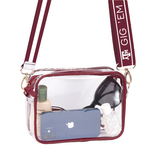 This stadium approved Texas A&M Bridget Clear Game Day Bag with GigEm Fabric Strap is a necessity for all sporting events here in Aggieland grab yours today.