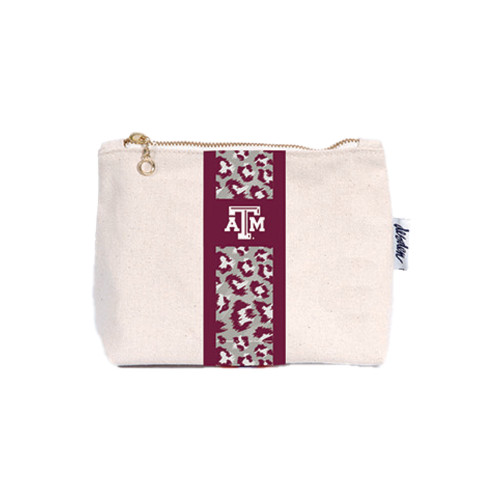 Natural canvas Texas A&M zip pouch featuring a maroon leopard print stripe, centered Texas A&M logo, and zippered closure. Stylish organizer for cosmetics, school supplies, and everyday essentials.