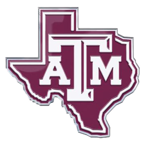 Texas A&M Texas outline car emblem featuring a maroon Texas state shape, white Texas A&M logo, and chrome border. Adhesive vehicle emblem for cars, trucks, and SUVs.