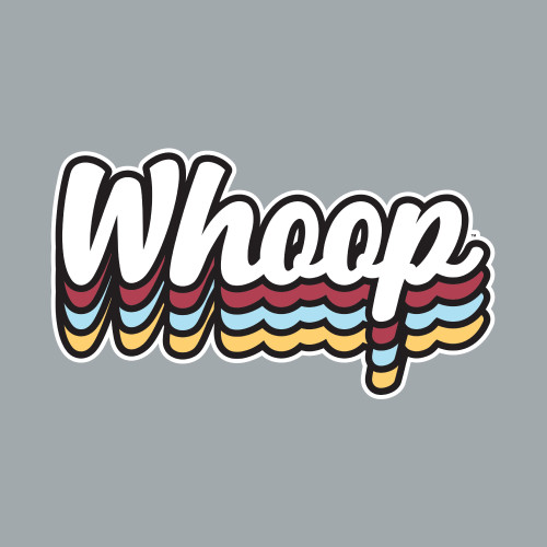 Texas A&M Whoop sticker featuring bold white "Whoop" lettering with colorful retro stripes underneath. Decorative sticker for laptops, water bottles, notebooks, tumblers, and other everyday accessories.