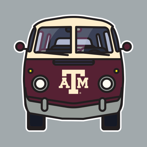 Texas A&M sticker featuring a maroon vintage van with the iconic Texas A&M logo on the front. Decorative sticker for laptops, water bottles, notebooks, tumblers, and other everyday accessories.