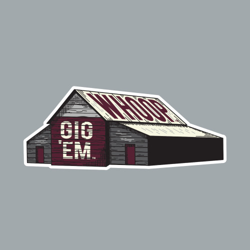 Texas A&M Whoop Barn sticker featuring an illustrated barn with "WHOOP" painted on the roof and "Gig 'Em" on the side. Decorative sticker for laptops, water bottles, notebooks, and more.