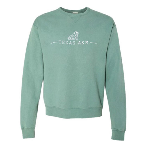 Seafoam green Texas A&M crewneck sweatshirt with Reveille graphic and white text across the chest.