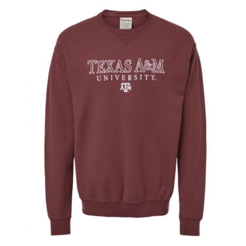 Maroon Texas A&M University crewneck sweatshirt featuring distressed white "Texas A&M University" lettering with a small Texas A&M logo below. Classic sweatshirt for everyday wear and game days.