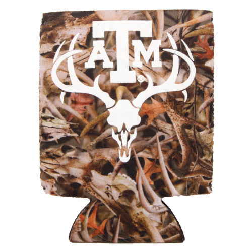 Texas A&M camo can cooler featuring a realistic camouflage pattern with a white Texas A&M logo and deer skull graphic. Collapsible koozie for tailgates, hunting, and everyday use.
