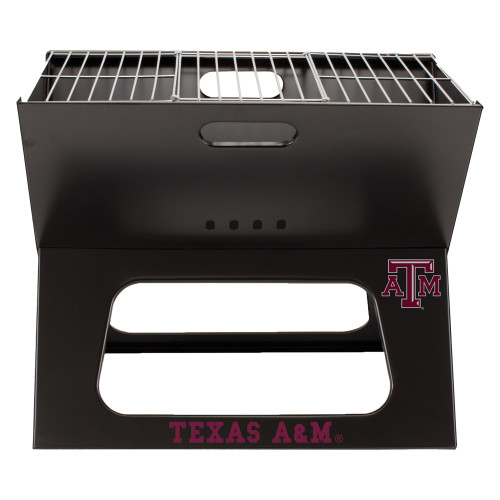 Texas A&M portable charcoal grill featuring a black folding steel design with a maroon Texas A&M logo, matching carrying case, and compact construction for tailgates, camping, and outdoor grilling.