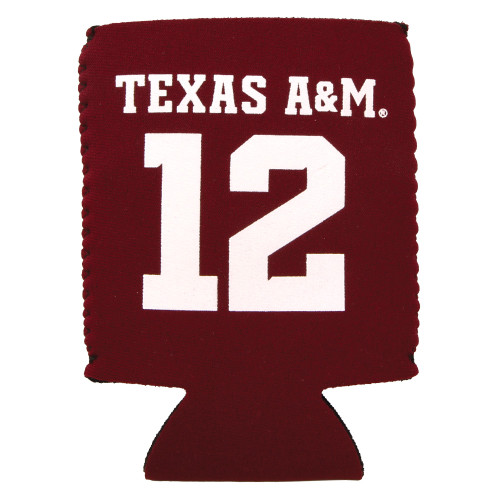 Maroon Texas A&M can cooler featuring bold white "Texas A&M" lettering and the number "12." Collapsible neoprene koozie celebrating the Aggies' 12th Man tradition.