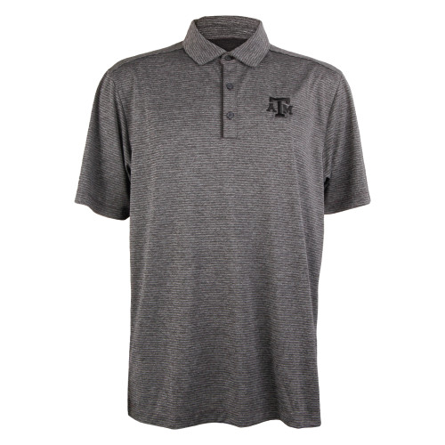 Texas A&M performance polo featuring a subtle black and gray striped design with an embroidered Texas A&M logo on the left chest and a three-button collar.