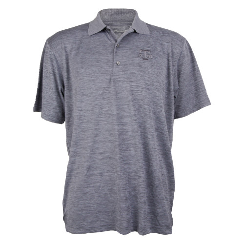 Heather gray men's polo with a tone-on-tone gray A&M logo embroidered on the left chest.