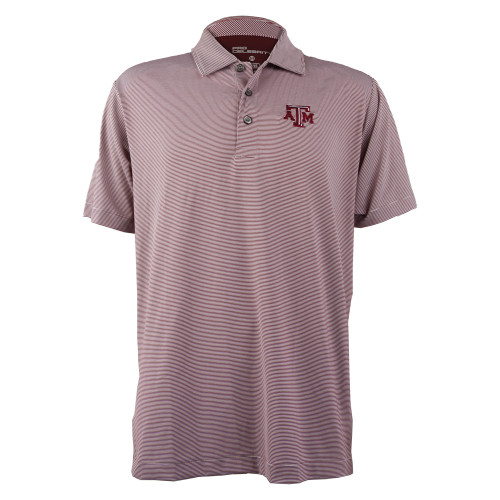 Texas A&M performance polo featuring a maroon and white striped design with an embroidered Texas A&M logo on the left chest and a classic three-button collar.