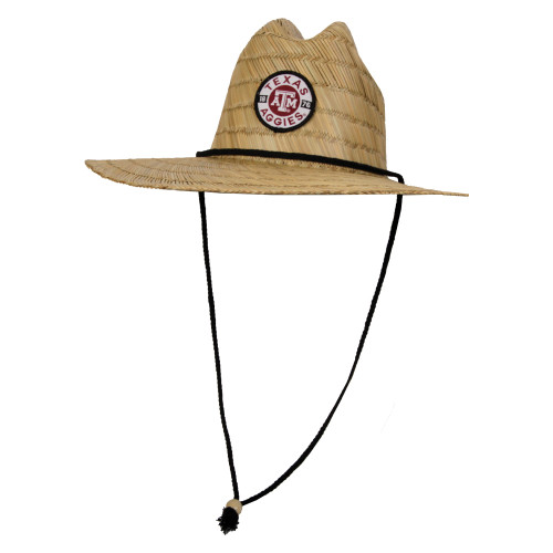 Texas A&M straw hat featuring a woven wide-brim design, Texas A&M logo patch, and adjustable chin cord. Outdoor hat for tailgates, fishing, beach days, and sun protection.