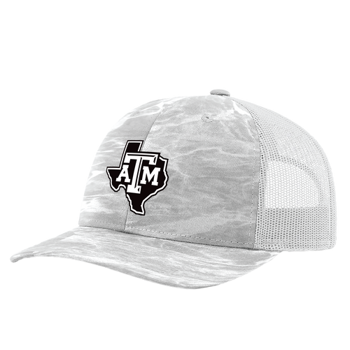 Light gray Texas A&M trucker hat featuring a Texas-shaped A&M logo patch on the front, performance fabric crown, curved bill, and breathable mesh back panels for comfortable everyday wear.