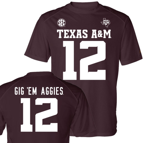 Maroon Texas A&M football jersey T-shirt featuring "Texas A&M" lettering, number 12 on the front and back, SEC graphics, and "Gig 'Em Aggies" text across the back shoulders.