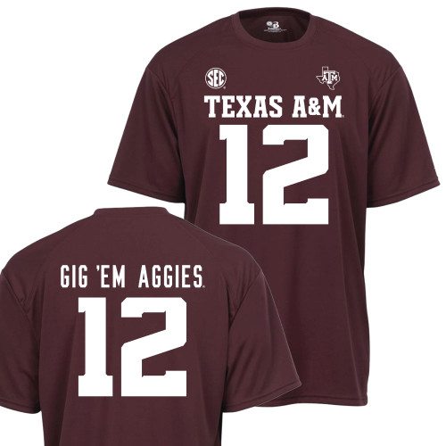 Youth maroon Texas A&M football jersey T-shirt featuring white "Texas A&M" lettering, number 12 on the front and back, SEC graphics, and "Gig 'Em Aggies" text across the back shoulders.