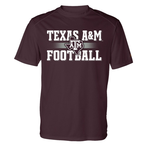 Maroon Texas A&M Football performance T-shirt featuring distressed white "Texas A&M Football" lettering with the Texas A&M logo centered on the chest.