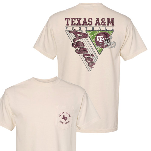 Natural Texas A&M T-shirt featuring a small football-themed chest graphic and a large back design with a football triangle, helmet, field details, and Texas A&M logos.