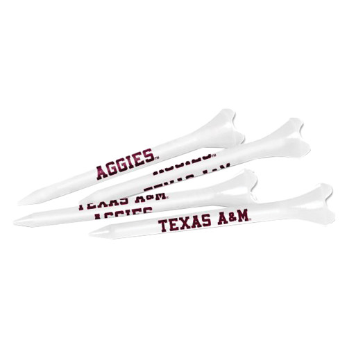 Texas A&M 40-pack golf tee set featuring white golf tees printed with maroon Texas A&M logos and Aggies lettering. Golf accessory for Aggie fans and players.