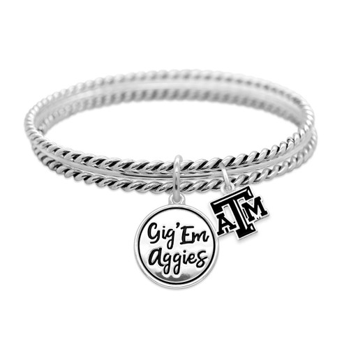 Texas A&M charm bracelet featuring a silver-tone multi-band design with dangling Texas A&M logo and "Gig 'Em Aggies" charms. Stylish jewelry accessory for everyday wear and game days.