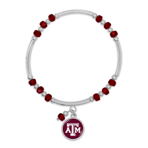 Texas A&M beaded stretch bracelet featuring silver-tone accents, maroon faceted beads, and a dangling round Texas A&M logo charm. Stylish jewelry accessory for everyday wear and game days.