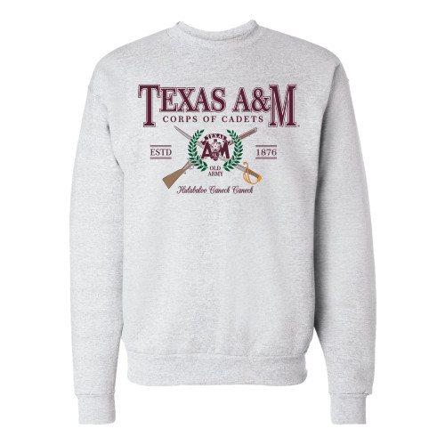 Heather gray Texas A&M Corps of Cadets crewneck sweatshirt featuring a vintage-style Corps graphic, emblem centerpiece, decorative banner accents, and "Founded 1876" detailing.