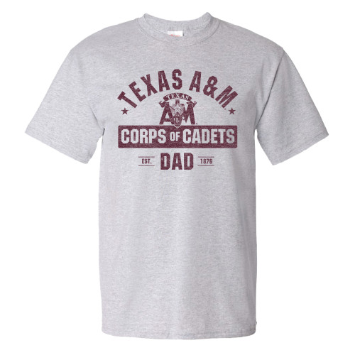 Heather gray Texas A&M Corps of Cadets Dad T-shirt featuring maroon "Texas A&M" lettering, a Corps of Cadets banner graphic, and "Dad" text on the front.