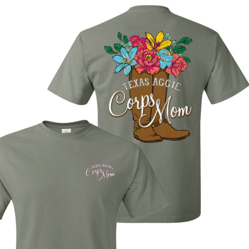Aggie moms make sure to grab this shirt and support your corps member, the Texas A&M Corps Of Cadets Mom Boots Green T-Shirt is a great fun shirt for anyone.
