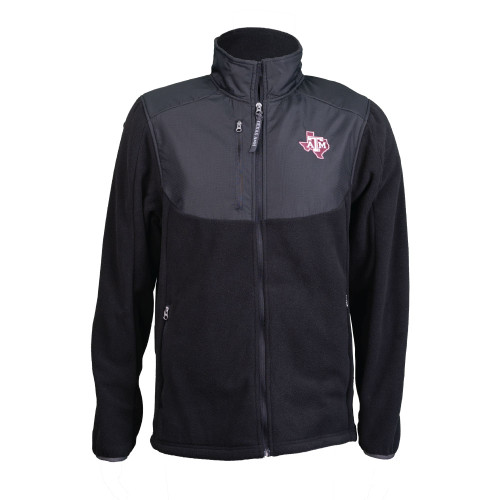 Black Texas A&M full-zip fleece jacket featuring an embroidered Texas A&M logo, zippered pockets, and a contrasting woven upper chest and shoulder panel for added durability and style.